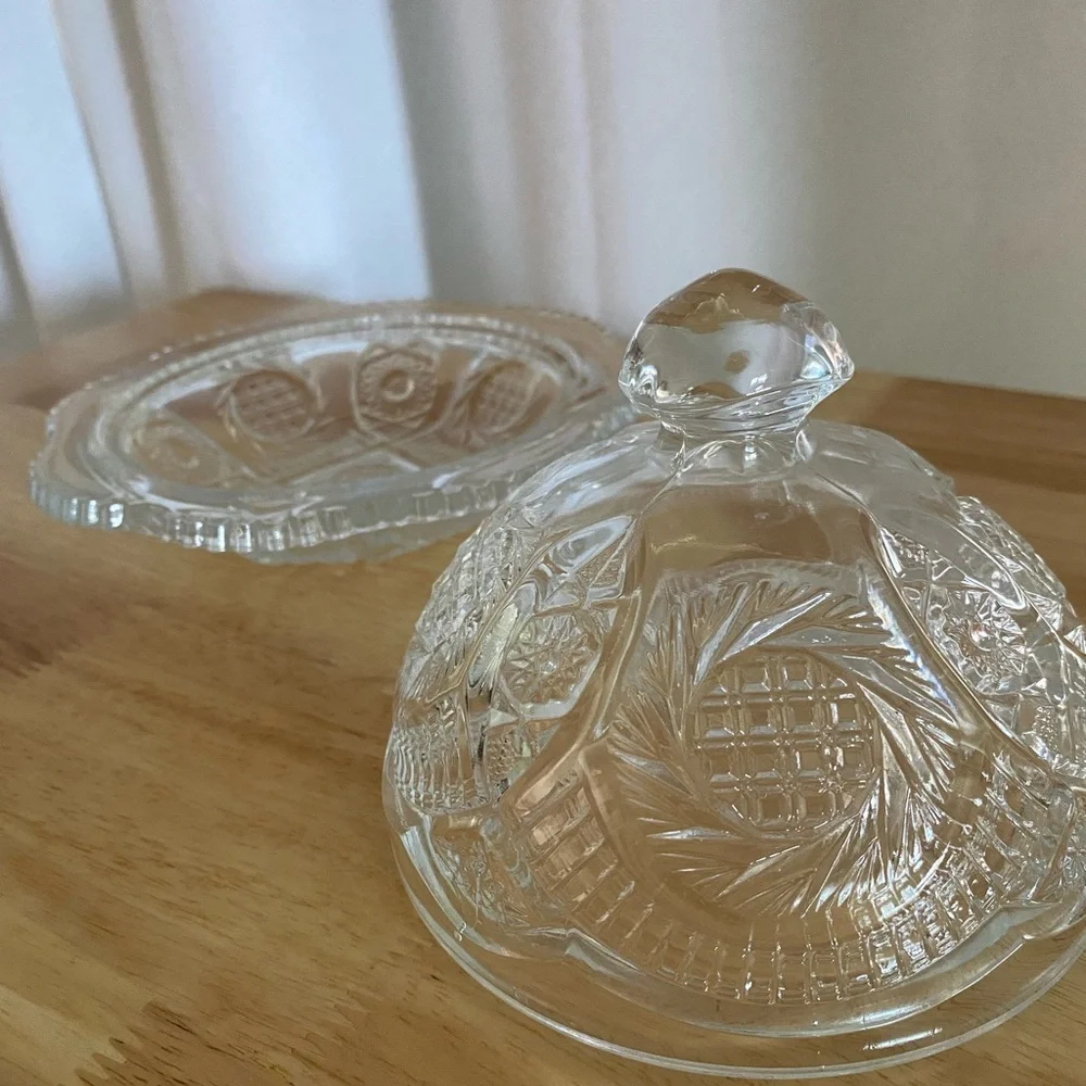 Vintage L.E. Smith Sunburst Pressed Clear Glass Round Covered Butter Dish Retro - Picture 9 of 11